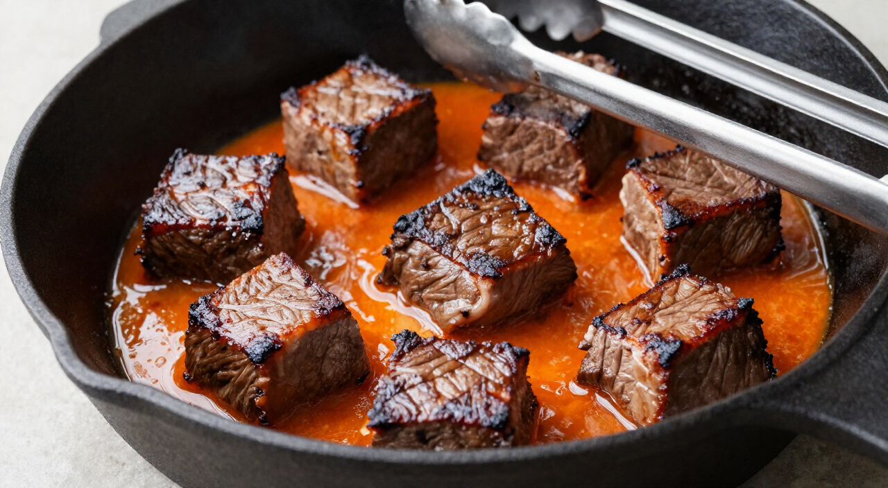 beef chuck cubes searing in red palm oil in a cast iron skillet