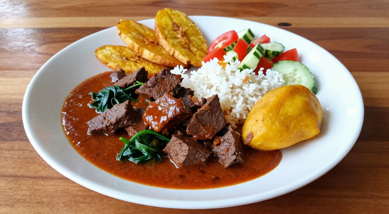 Beef efo riro plated with pounded yam, white rice, fried plantain and tomato-cucumber salad