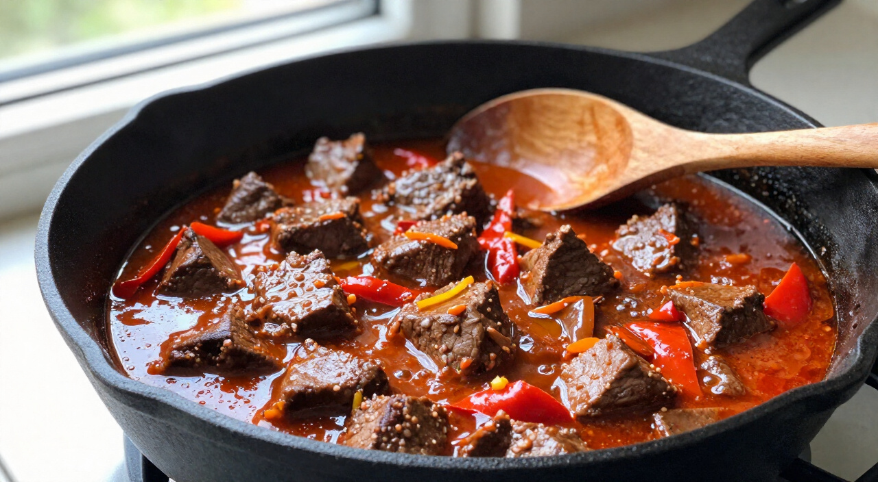 beef simmering in red pepper stew in a cast iron skillet