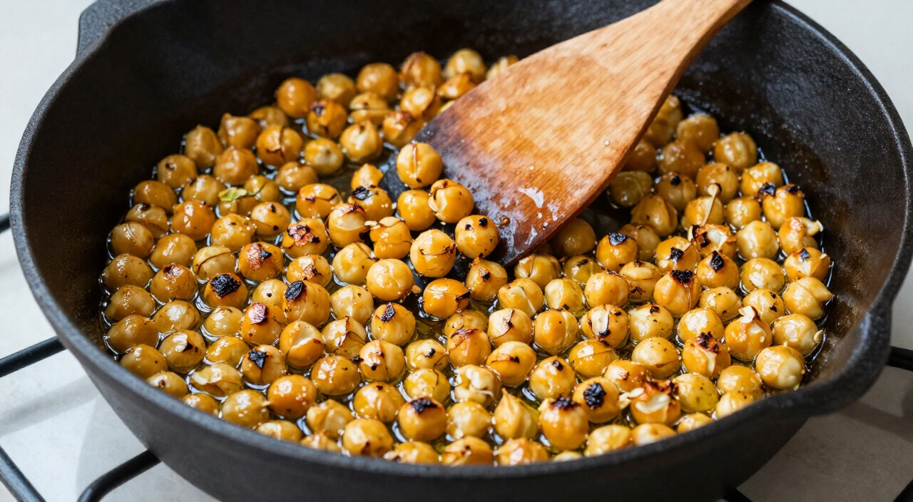 blistered golden chickpeas crisping in olive oil in a cast-iron skillet