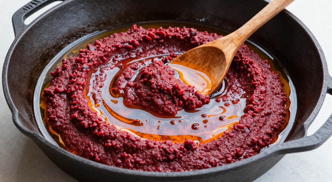 brick-red pepper purée frying in a cast-iron skillet with palm oil pooling at the edges