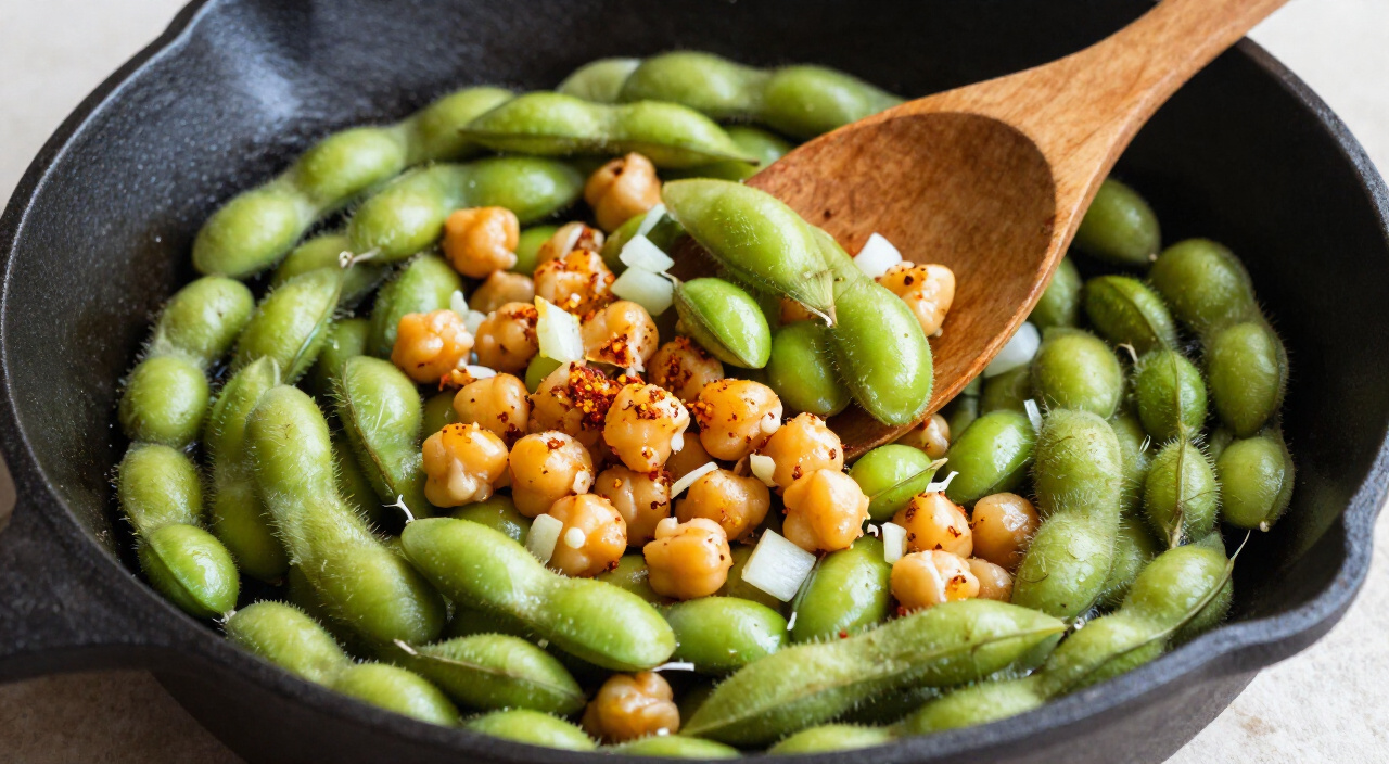 Bright green edamame stirred into spiced chickpeas in a cast iron skillet
