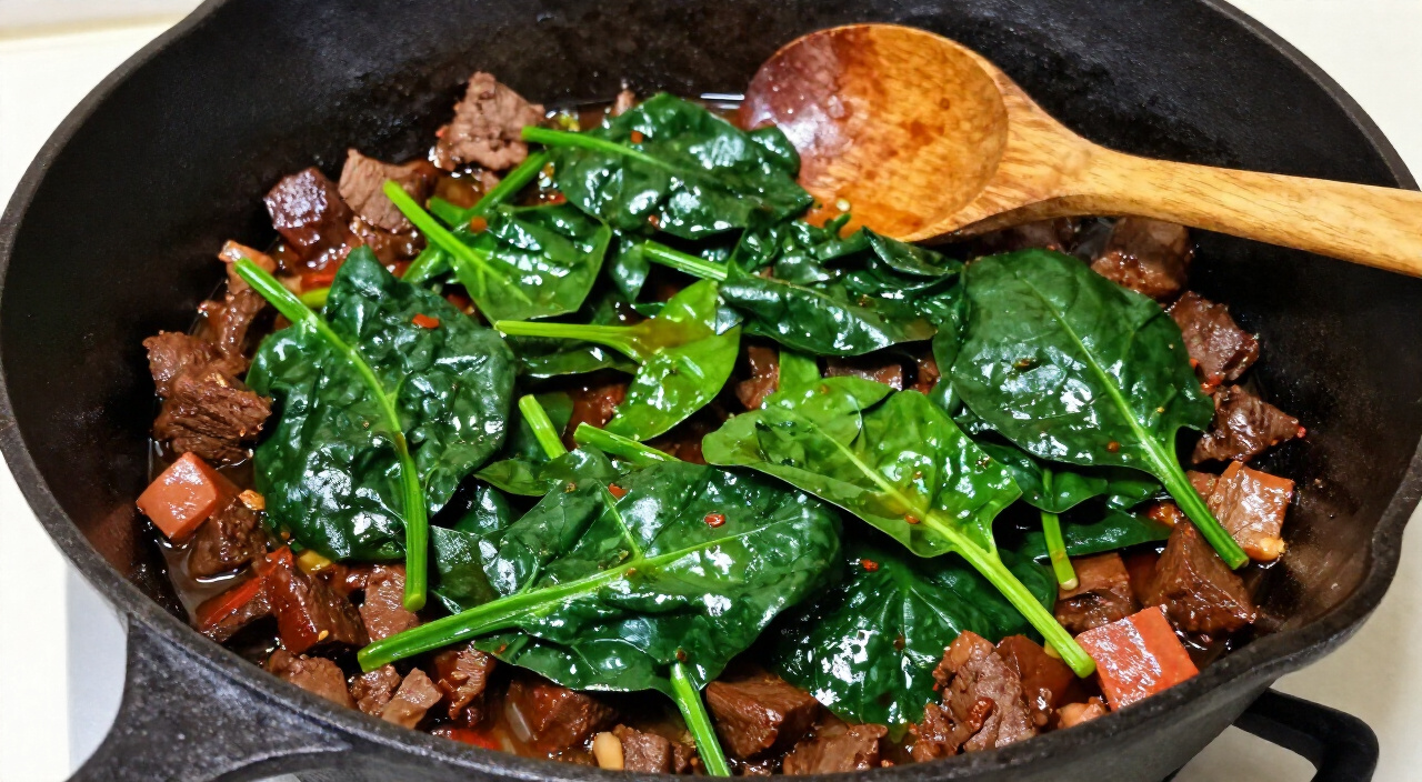 bright green wilted spinach folded into red beef efo riro stew in a cast-iron skillet