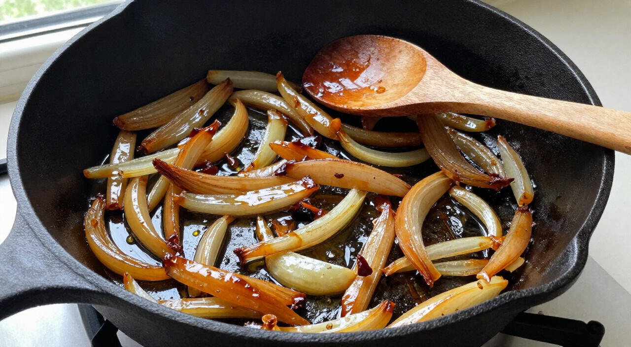 Caramelized sliced onions in a cast-iron skillet with a wooden spoon