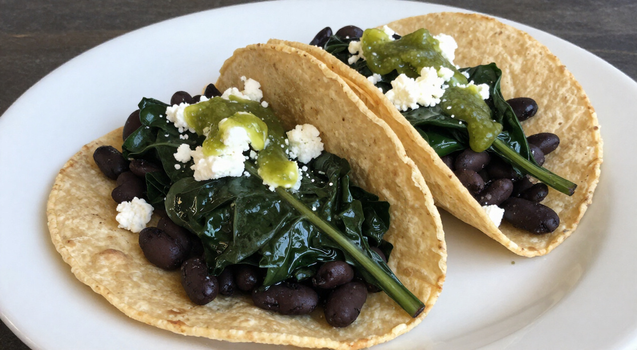 Chard and black bean tacos topped with crumbled cotija and salsa verde