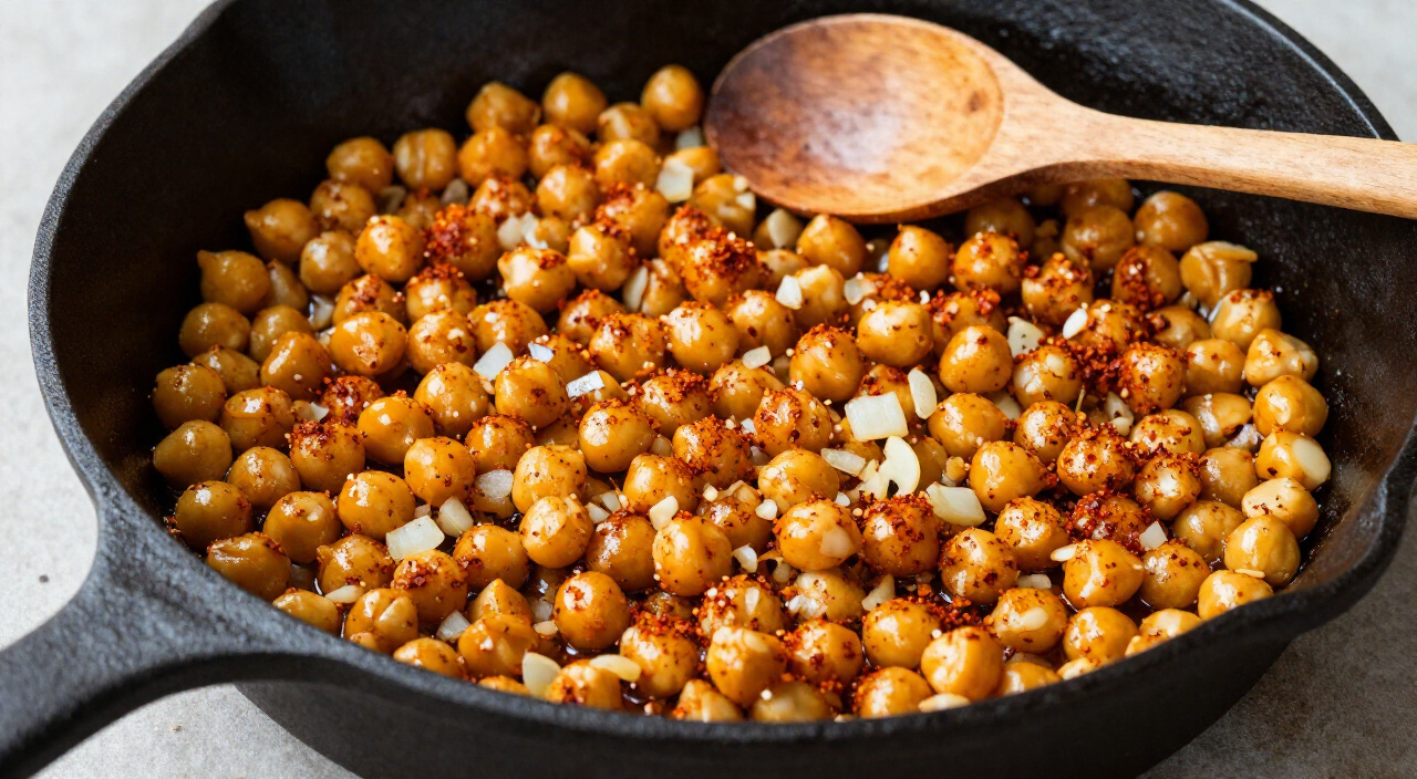 Chickpeas and onion coated in smoked paprika and garlic in a cast iron skillet