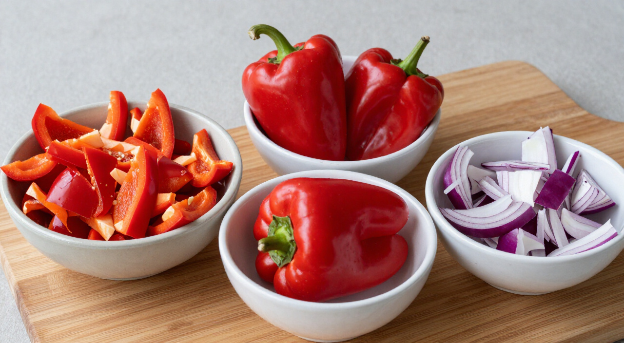 Chopped red bell peppers, stemmed scotch bonnet peppers and chopped red onion in bowls on a wooden cutting board