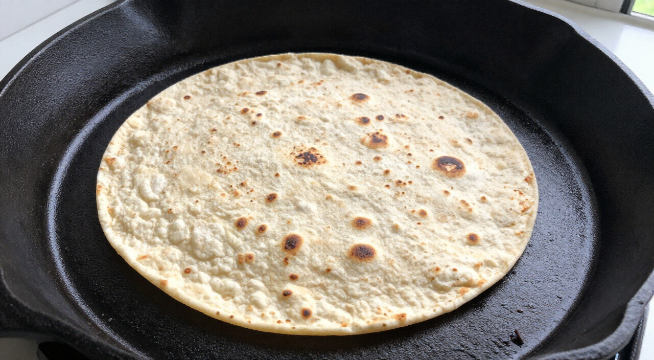 corn tortilla with small toasted brown spots warming in a dry cast-iron skillet