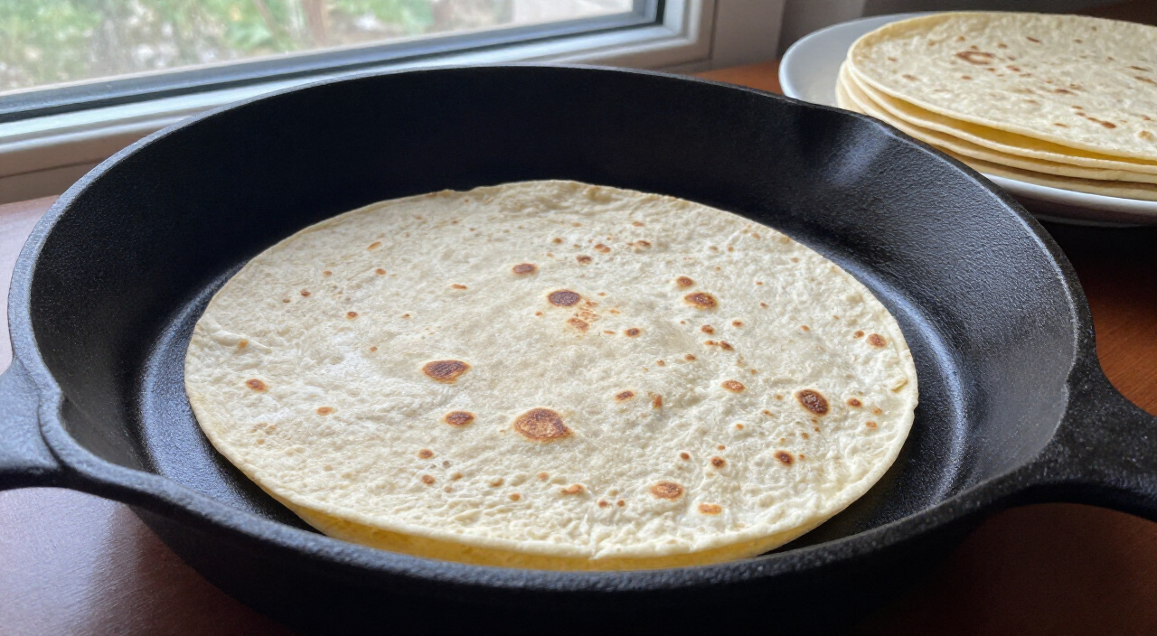 Corn tortilla warming in a dry cast-iron skillet beside a stack of warm tortillas
