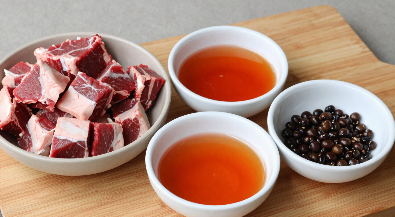 Cubed beef chuck, red palm oil and rinsed iru locust beans in bowls on a wooden cutting board