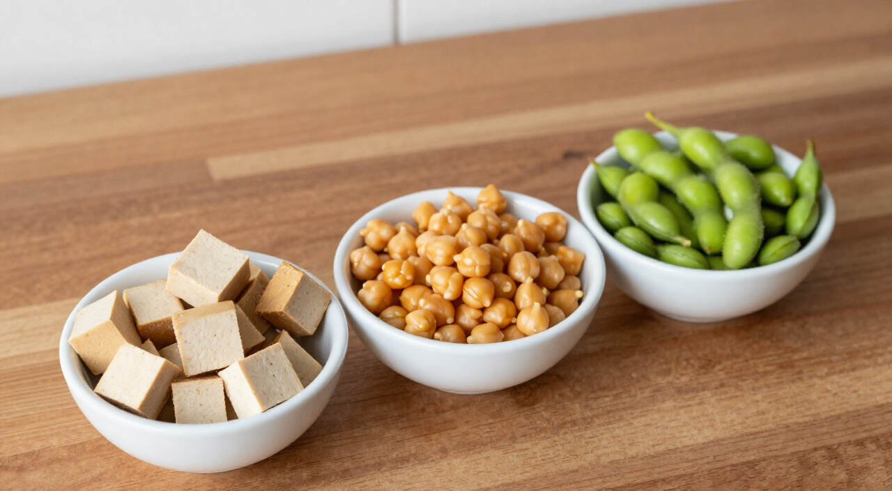 cubed tempeh, chickpeas and shelled edamame in small bowls for a cast iron protein skillet