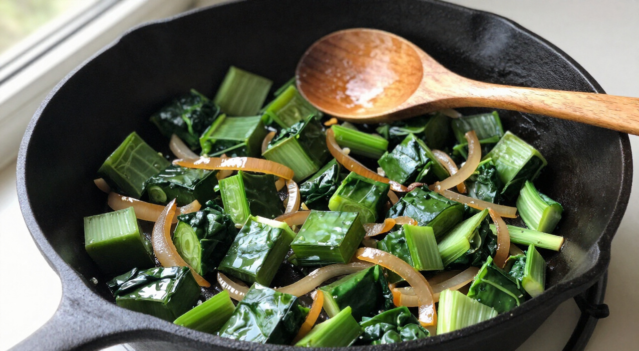 Diced Swiss chard stems cooking with caramelized onions in a cast-iron skillet