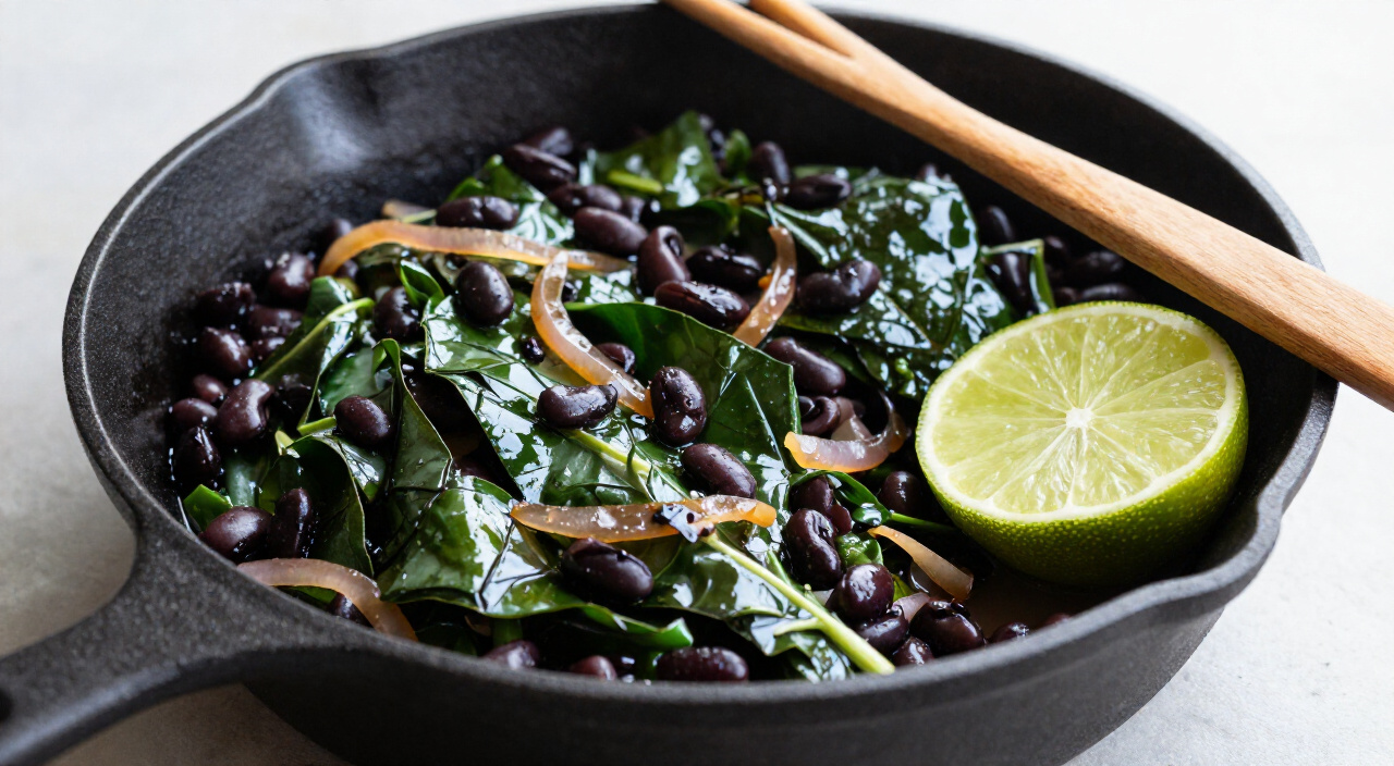 Finished chard and black bean filling in a cast-iron skillet with a squeezed lime half
