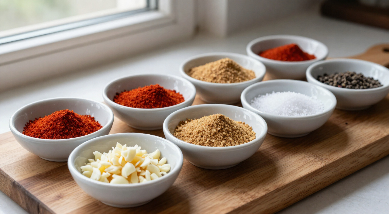 Garlic, smoked paprika, ground cumin, kosher salt and black pepper on a wooden cutting board