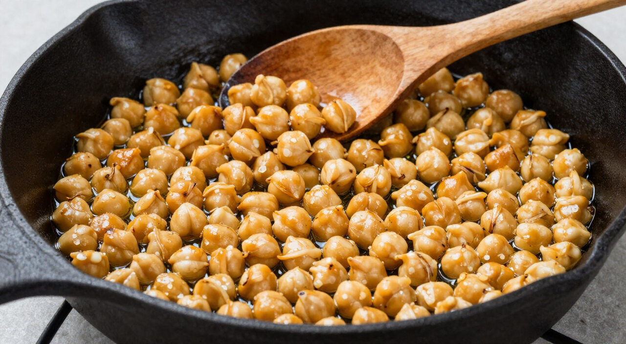 Golden blistered chickpeas crisping in olive oil in a cast iron skillet