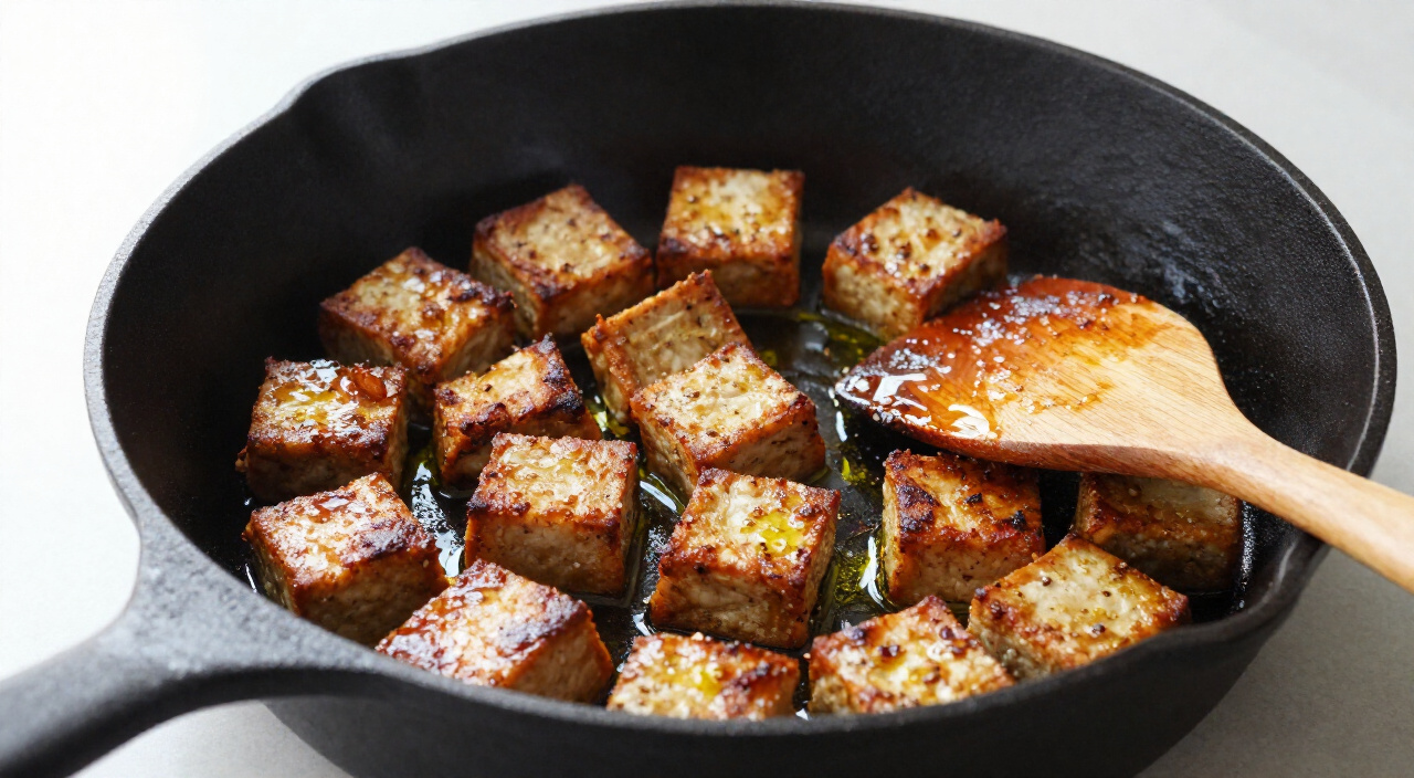 golden-brown seared tempeh cubes in a single layer in a cast-iron skillet
