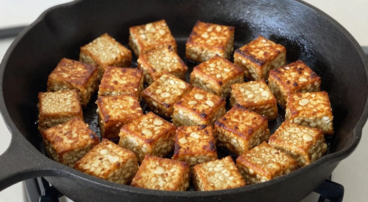 Golden-brown tempeh cubes searing in a single layer in a cast iron skillet