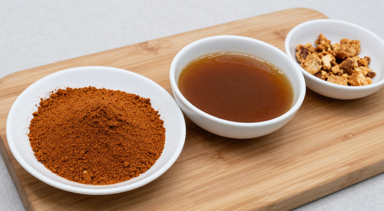 Ground crayfish, beef stock and a crumbled bouillon cube in bowls on a wooden cutting board
