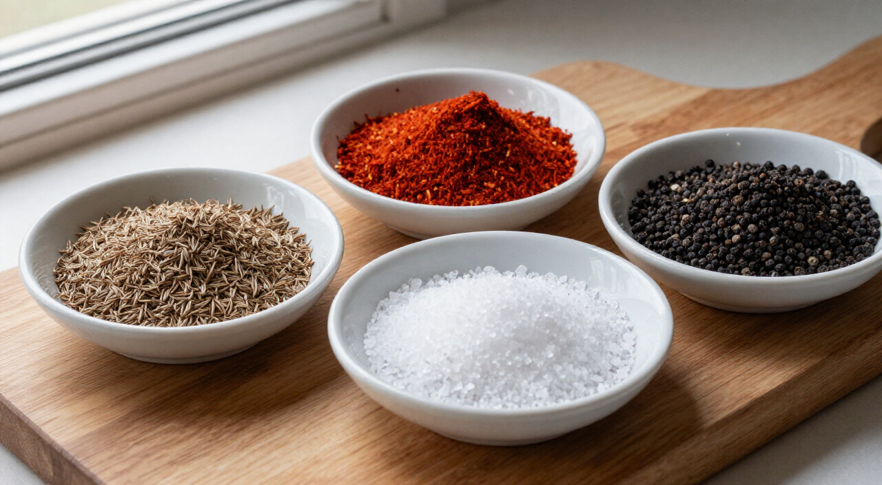 Ground cumin, smoked paprika, kosher salt and black pepper in small dishes on a wooden board
