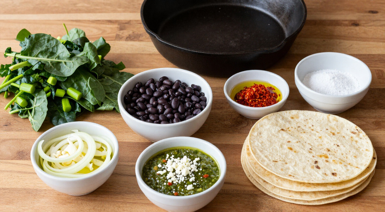 ingredients for cast iron Swiss chard and black bean tacos measured into small bowls