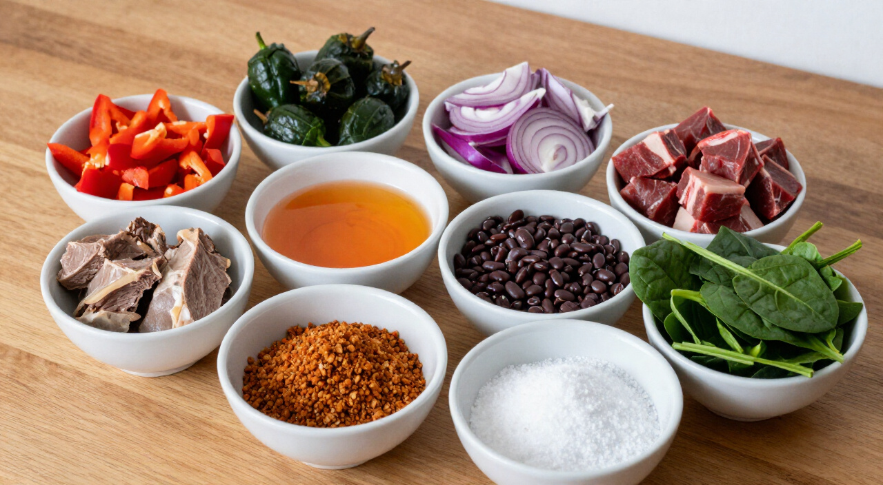 ingredients for Nigerian efo riro spinach stew measured into small bowls on a wooden counter