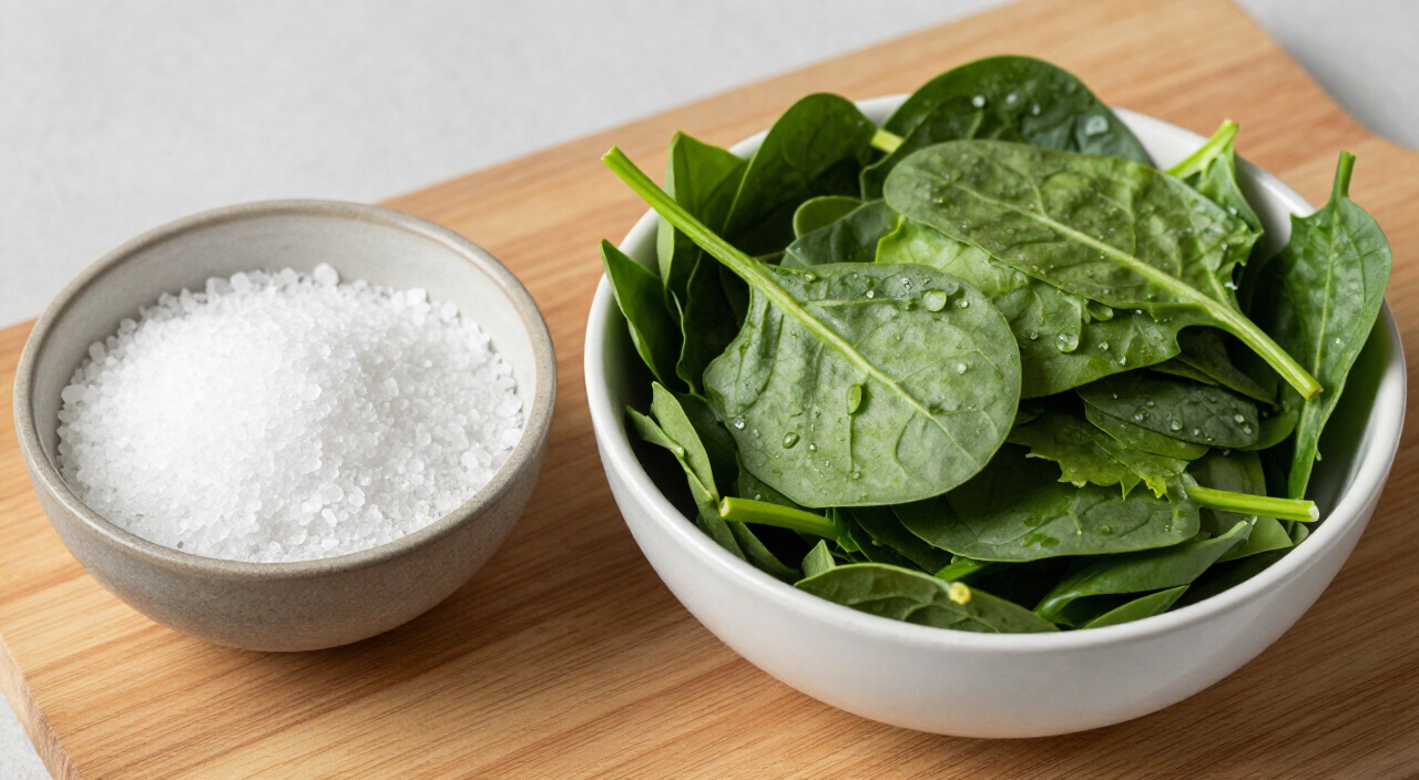 Kosher salt and chopped fresh spinach in bowls on a wooden cutting board