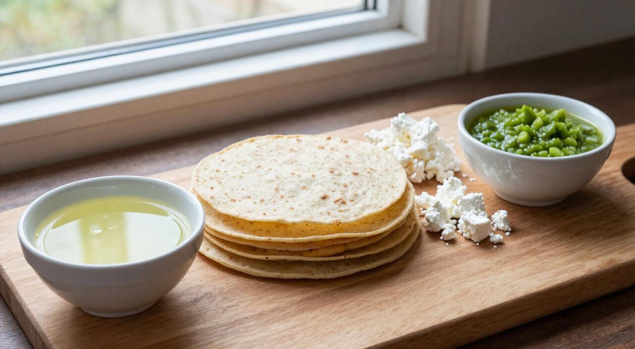 Lime juice, corn tortillas, crumbled cotija and salsa verde on a wooden cutting board