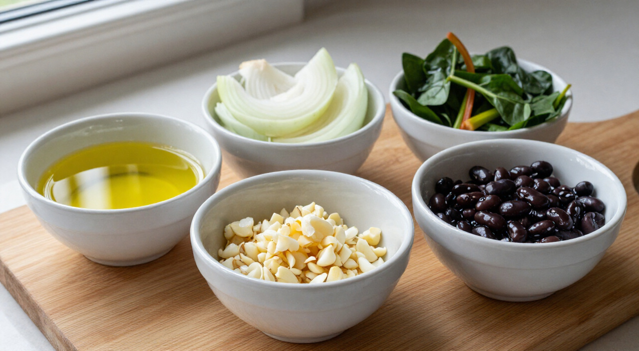 Olive oil, sliced onion, minced garlic, chopped Swiss chard and black beans in bowls on a wooden board