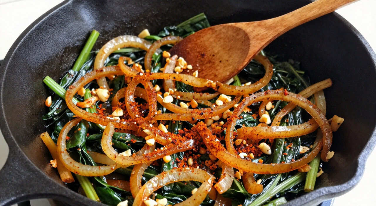 Onions, chard stems and minced garlic coated in cumin and smoked paprika in cast iron