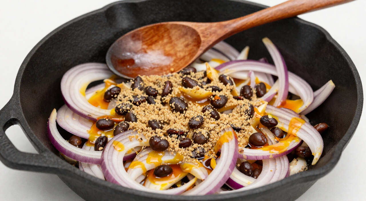 onions, iru and ground crayfish frying in palm oil in a cast iron skillet