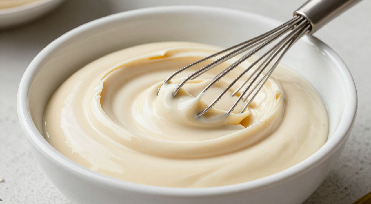 Pale ivory tahini drizzle whisked smooth in a small white bowl with a whisk