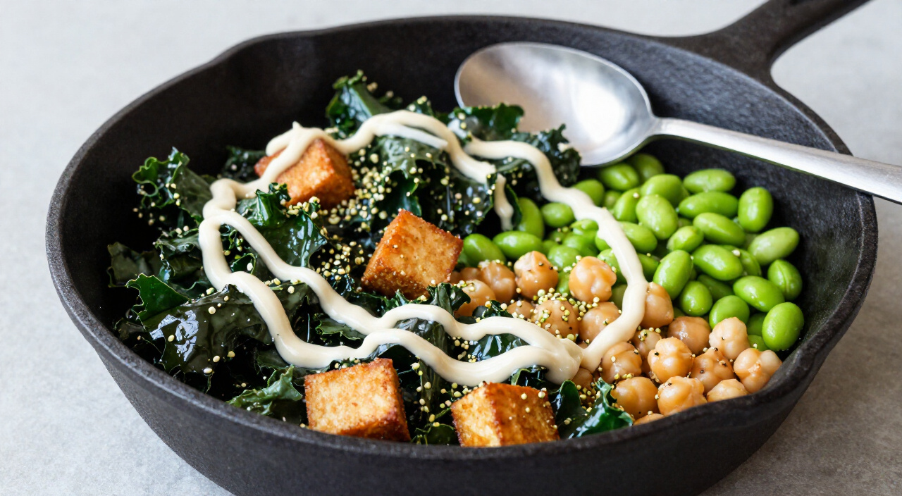 Plant-based protein skillet with tahini drizzle and hemp hearts in cast iron