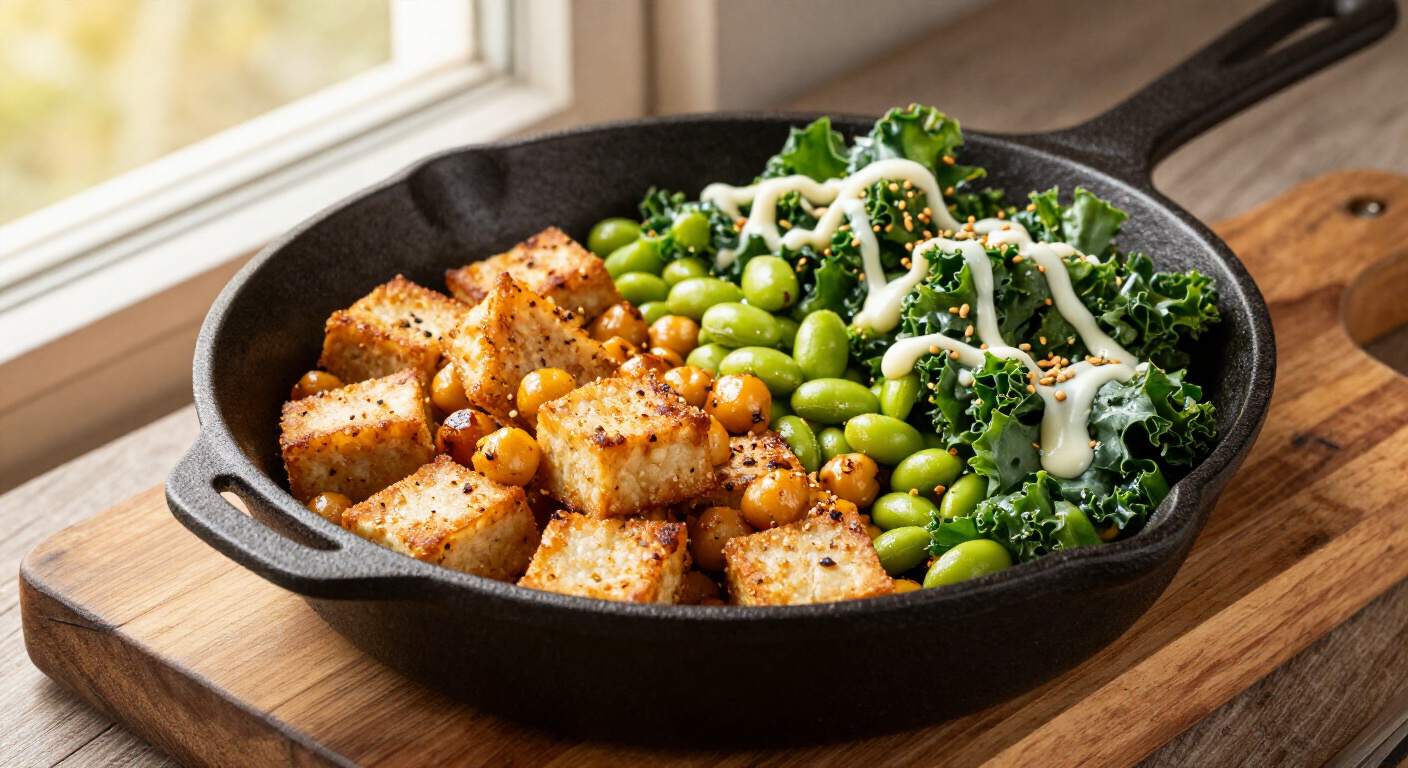 Cast-iron skillet of plant based protein sources: crisp tempeh, blistered chickpeas, edamame and kale with tahini drizzle
