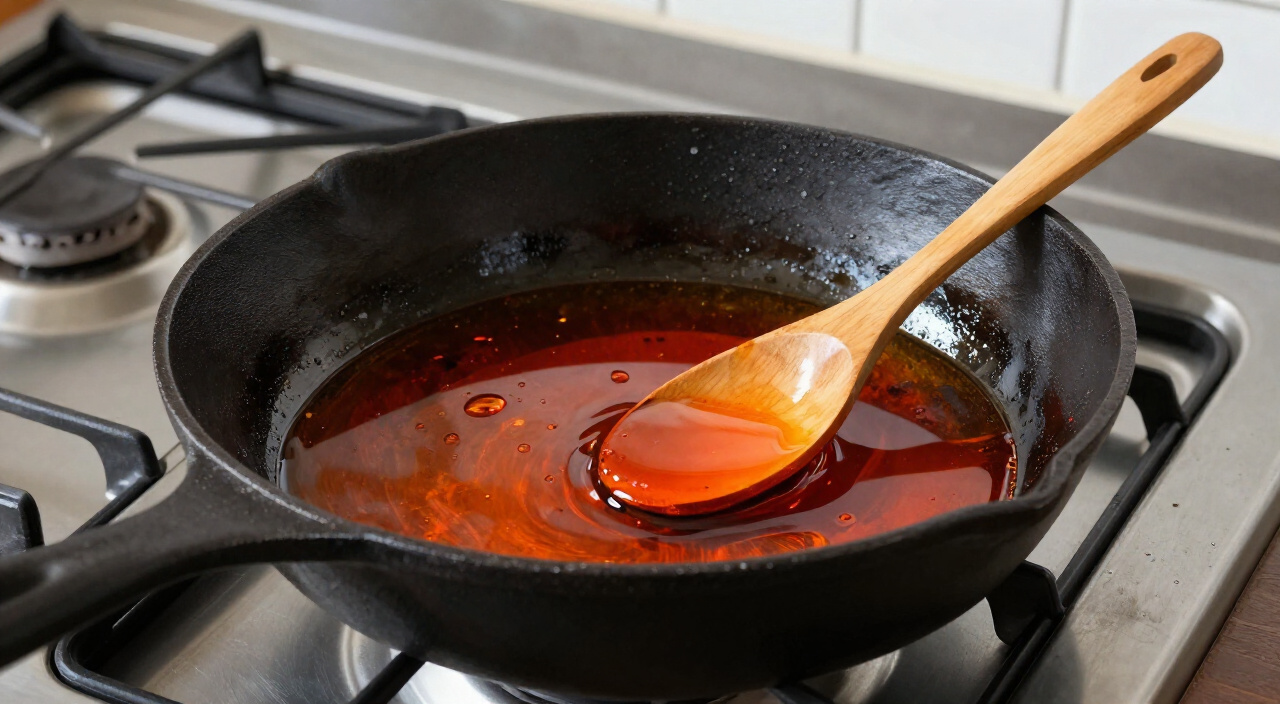red palm oil shimmering in a cast iron skillet