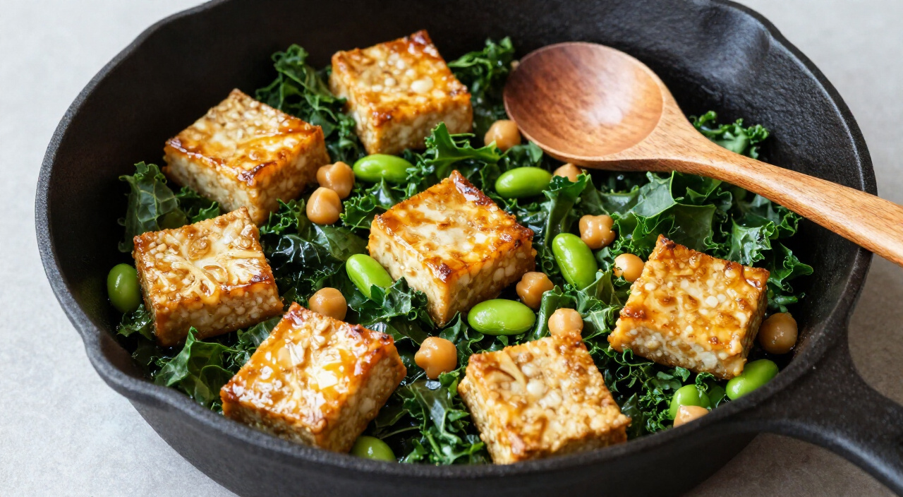 Seared tempeh cubes folded into kale, chickpeas and edamame in a cast iron skillet