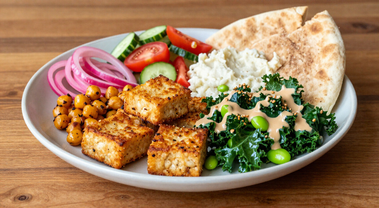 Smoky kale skillet with tempeh and chickpeas plated with pickled onions, cucumber salad, cauliflower mash and pita