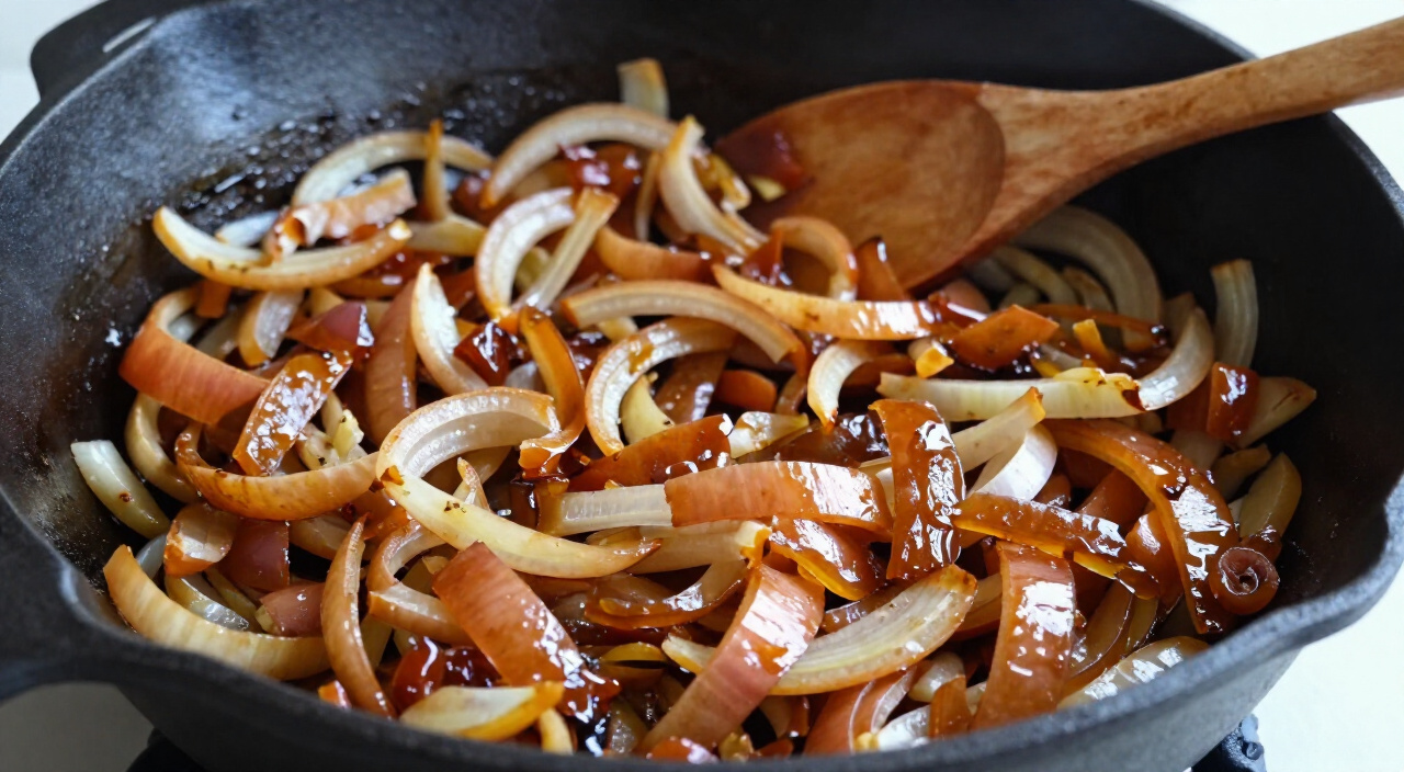 soft amber-brown caramelized onions in a large cast-iron skillet with a wooden spoon