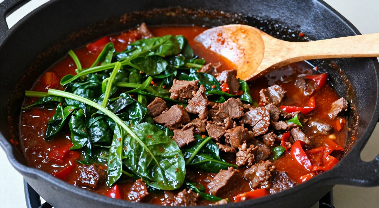 spinach wilted into beef and red pepper stew in a cast iron skillet