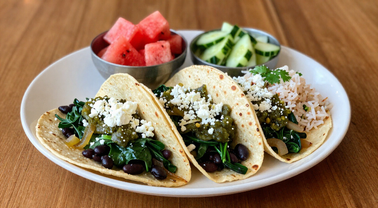 Swiss chard and black bean tacos plated with jicama slaw, cilantro-lime rice, esquites and watermelon salad