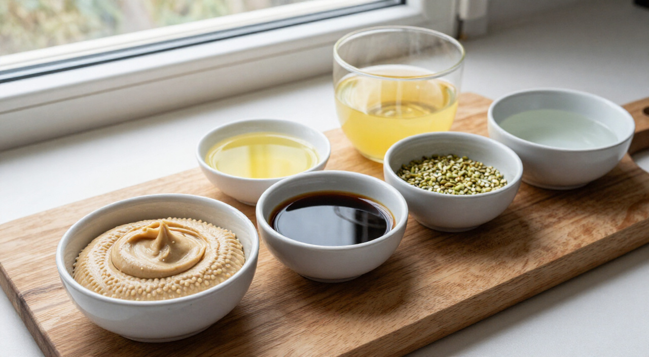 Tahini, lemon juice, low-sodium soy sauce, warm water and hemp hearts on a wooden cutting board