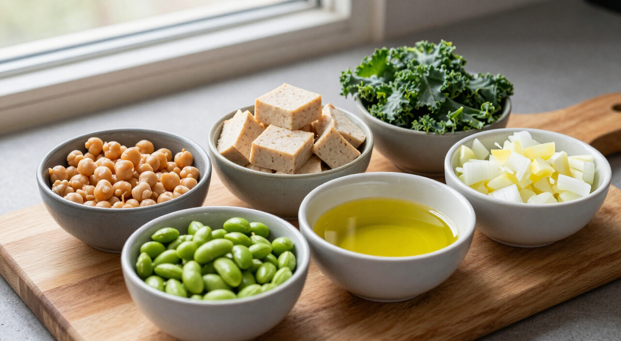 Tempeh, chickpeas, edamame, lacinato kale, olive oil and diced yellow onion on a wooden cutting board