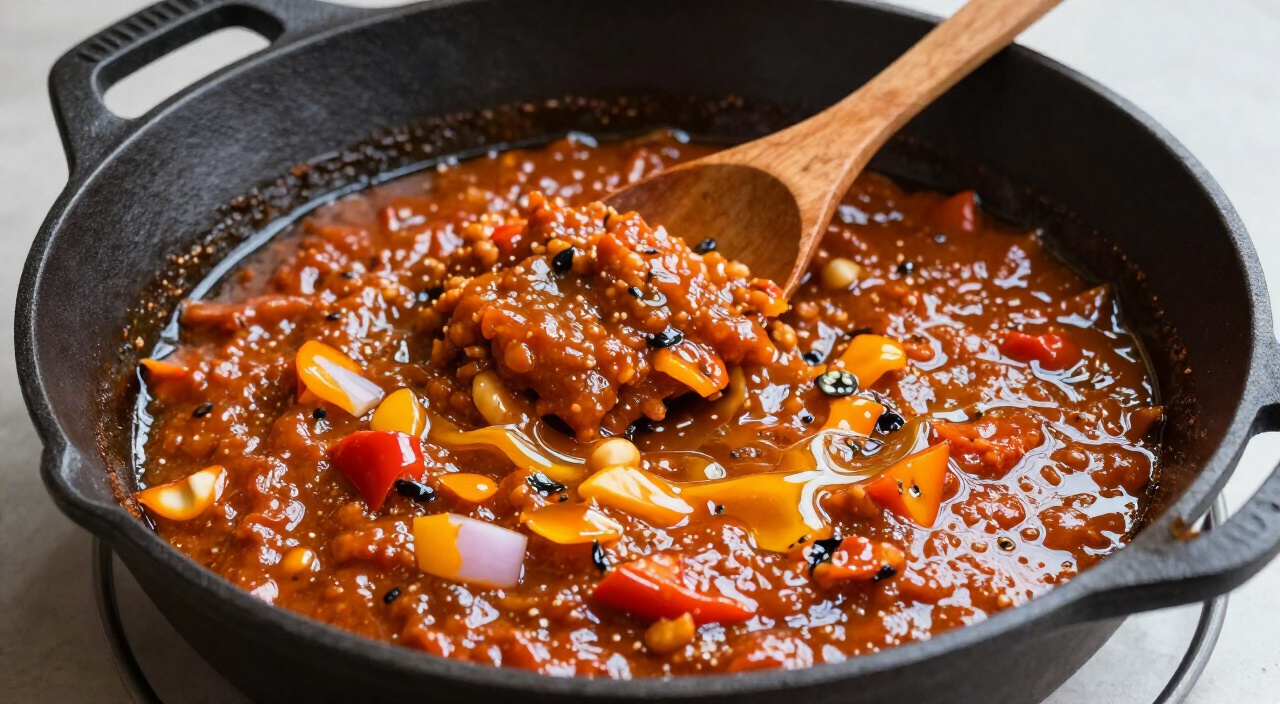 thick brick-red pepper sauce frying in a cast iron skillet