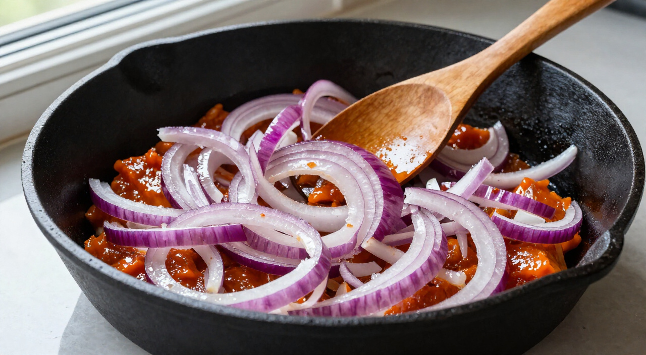 thinly sliced red onion softening in palm oil in a cast iron skillet