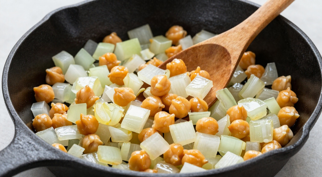 Translucent diced onion softening with golden chickpeas in a cast iron skillet