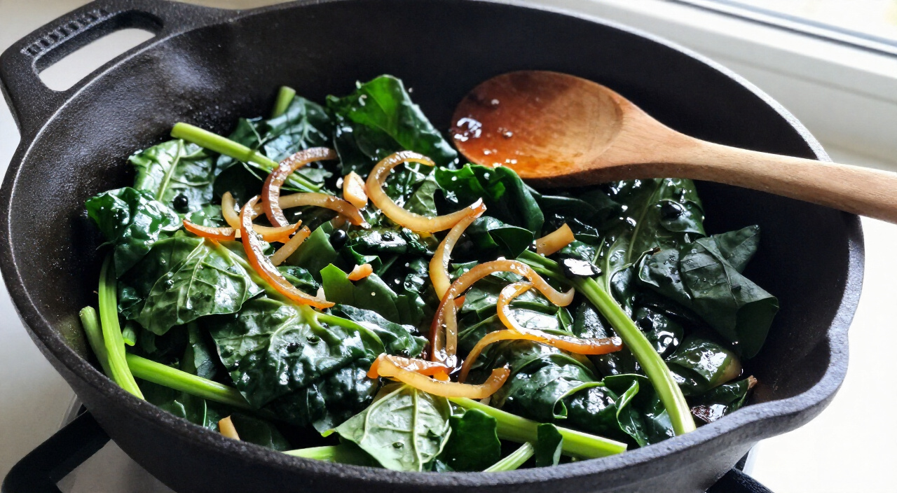 Wilted chopped Swiss chard leaves with onions in a cast-iron skillet